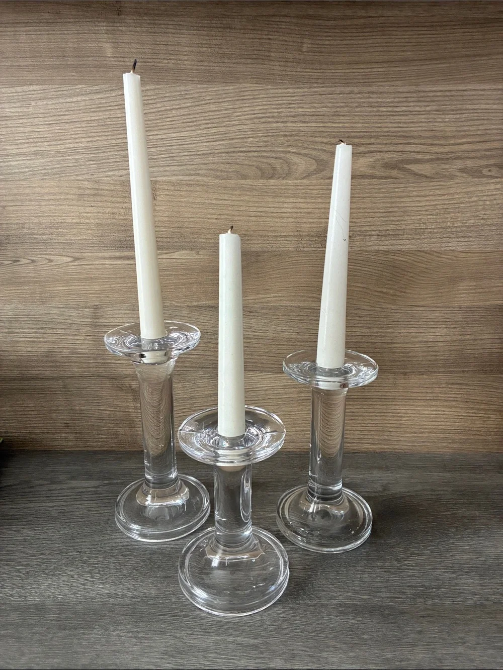 Vintage Clear Glass Candlestick Set of 3, Mid Century Modern Decor